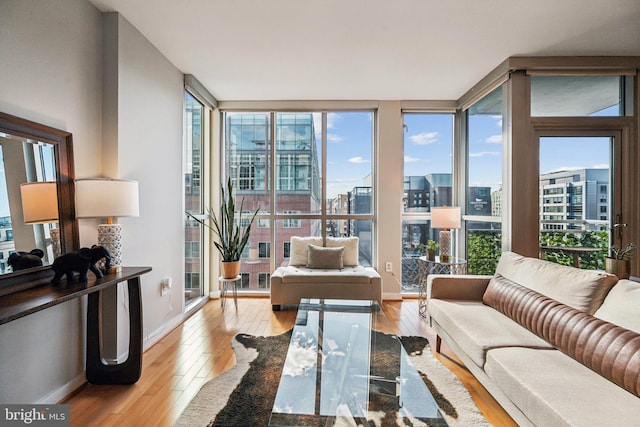 living room featuring light hardwood / wood-style floors and expansive windows