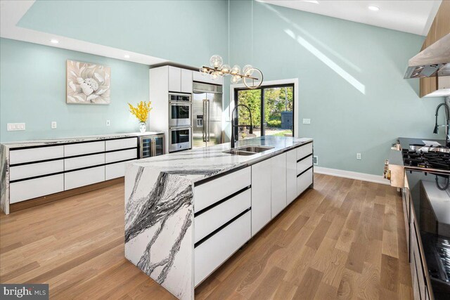 261 Moore St, Princeton, NJ 08540 - kitchen with a sink, stainless steel appliances, wall chimney range hood, white cabinetry, and modern cabinets