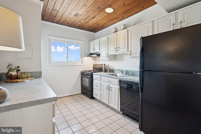 kitchen with white cabinets, ornamental molding, sink, and black appliances