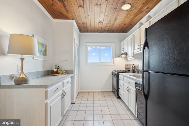 kitchen with white cabinetry, crown molding, black appliances, and light tile patterned flooring