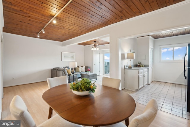 dining space featuring ceiling fan, rail lighting, light hardwood / wood-style floors, and wooden ceiling