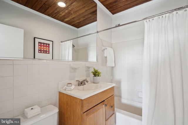 full bathroom with toilet, wood ceiling, crown molding, tile walls, and shower / bath combo with shower curtain