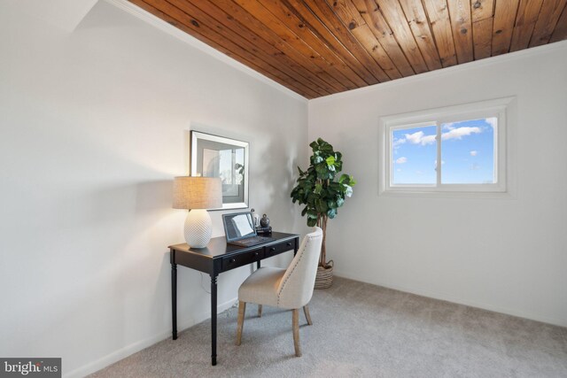 carpeted office space with wood ceiling and ornamental molding