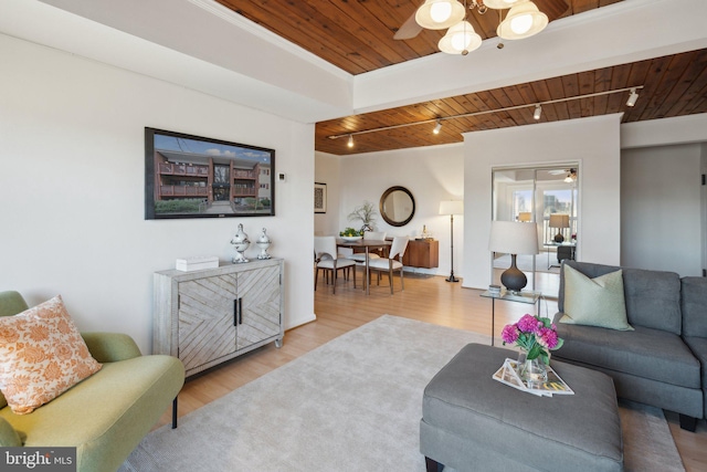 living room featuring hardwood / wood-style floors, track lighting, wooden ceiling, and ceiling fan