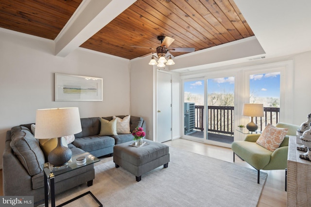 living room with beam ceiling, wood ceiling, and light wood-type flooring