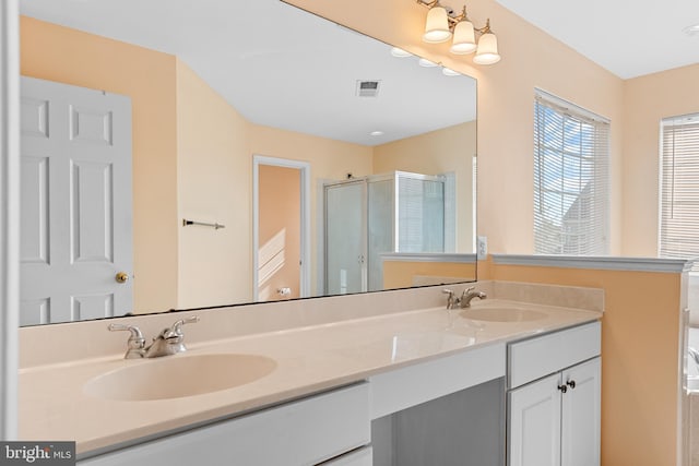 bathroom featuring vanity and an enclosed shower