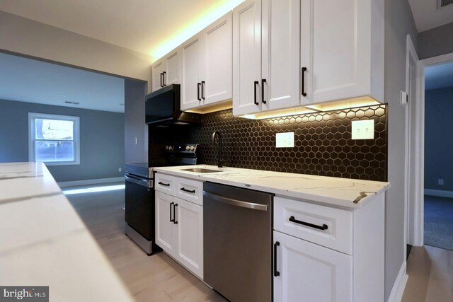 kitchen with sink, appliances with stainless steel finishes, decorative backsplash, and white cabinetry