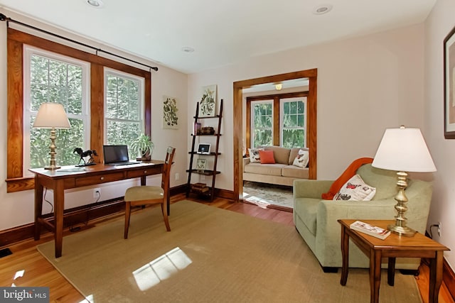 office space with a healthy amount of sunlight and hardwood / wood-style floors