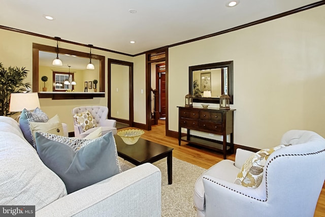 living room featuring ornamental molding and light hardwood / wood-style flooring