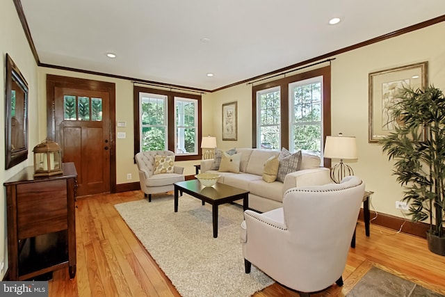 living room featuring ornamental molding and light wood-type flooring