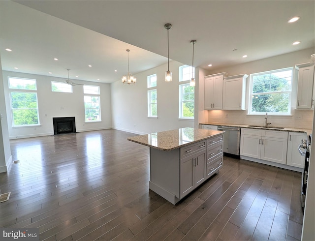 kitchen featuring dark hardwood / wood-style flooring, a center island, plenty of natural light, and white cabinets