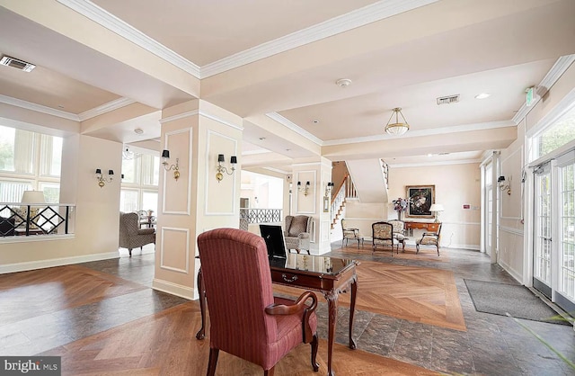 living room with parquet floors and crown molding