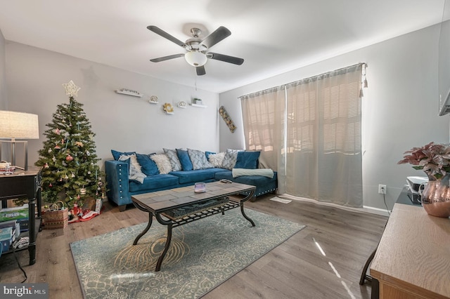 living room with hardwood / wood-style flooring and ceiling fan