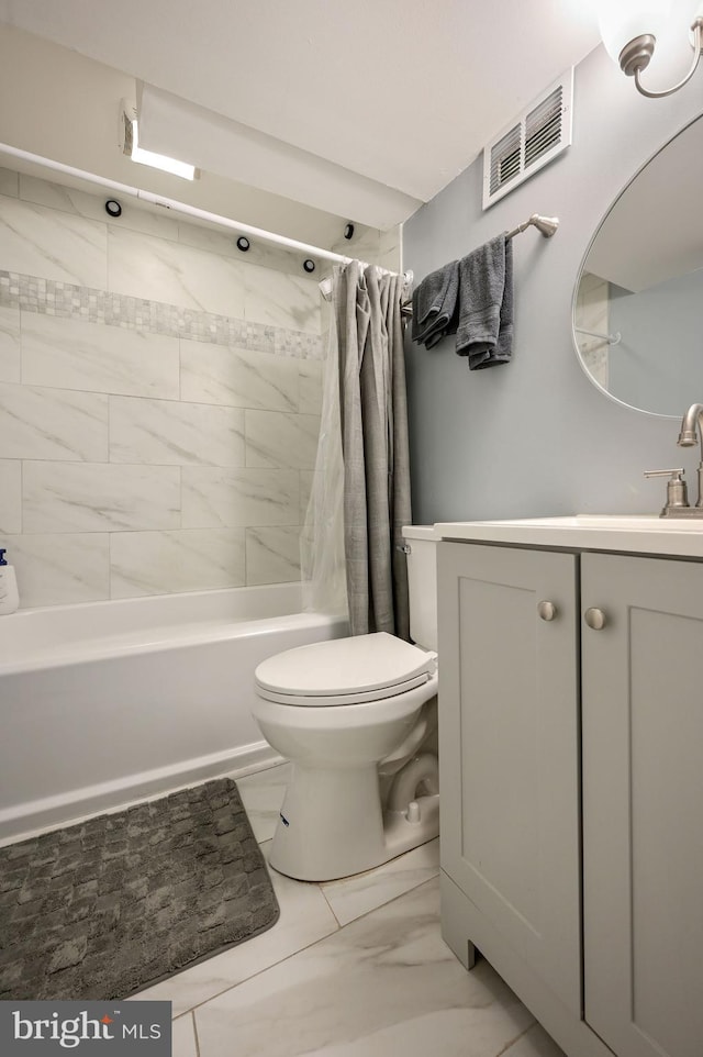 full bathroom featuring toilet, shower / bathtub combination with curtain, and vanity