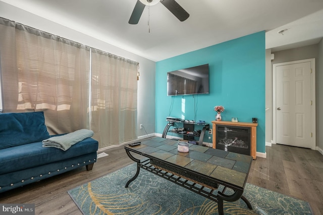 living room featuring ceiling fan and wood-type flooring