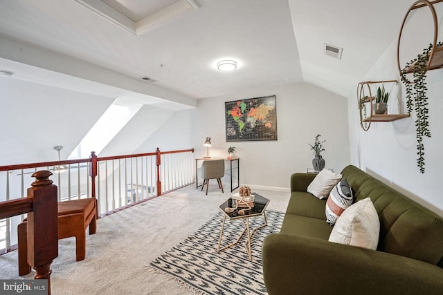 living room with lofted ceiling and carpet floors