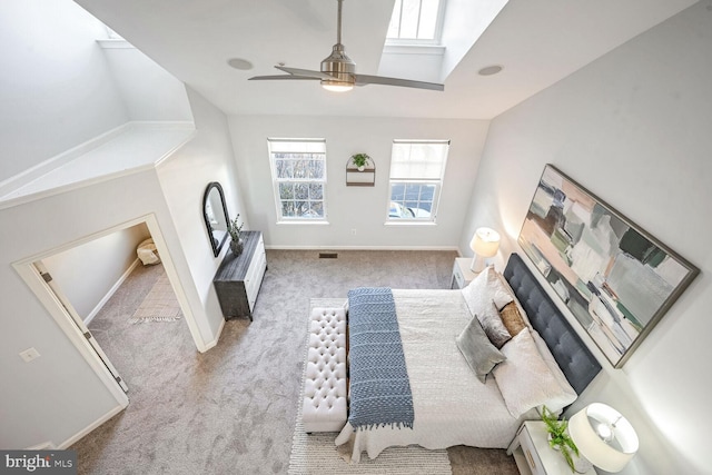 carpeted bedroom with ceiling fan