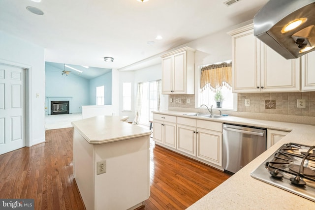 kitchen with extractor fan, appliances with stainless steel finishes, dark hardwood / wood-style flooring, lofted ceiling, and sink