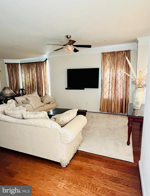 living room with hardwood / wood-style flooring, ceiling fan, and crown molding