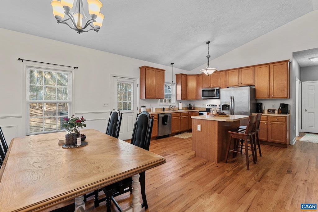 kitchen with hanging light fixtures, appliances with stainless steel finishes, light wood-type flooring, vaulted ceiling, and a center island