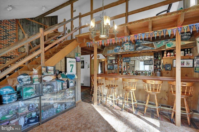 bar with a chandelier