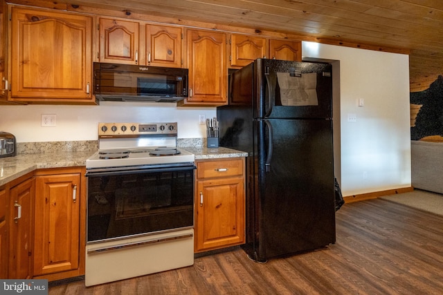 kitchen featuring dark wood-type flooring, wood ceiling, and black appliances