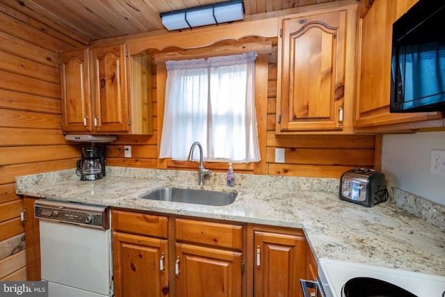 kitchen with white appliances, wooden walls, sink, and wood ceiling