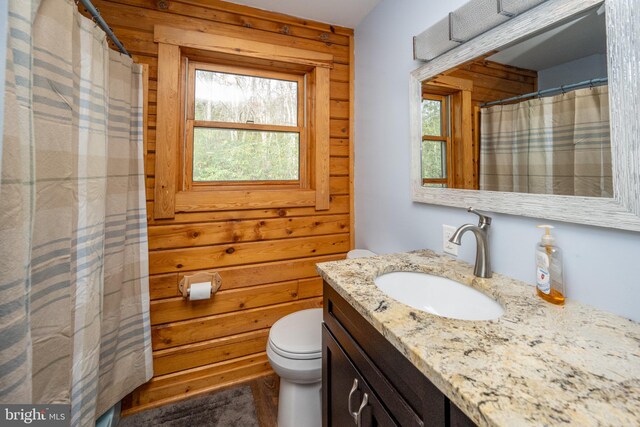 bathroom with wood walls, vanity, and toilet