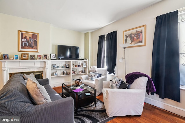 living room featuring a brick fireplace and wood-type flooring