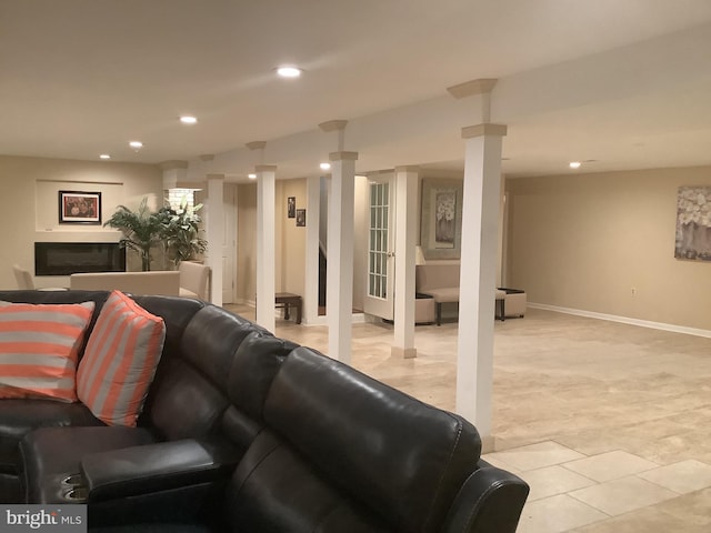 living room with a fireplace