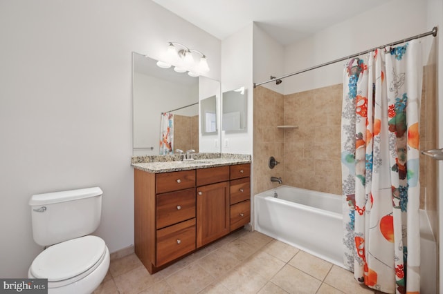 full bathroom with tile patterned flooring, vanity, toilet, and shower / bath combination with curtain