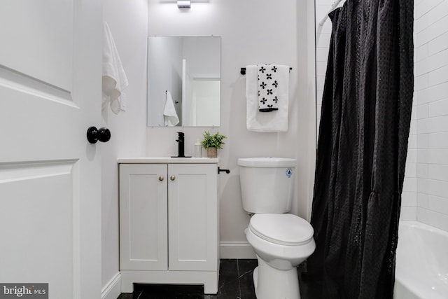 full bathroom with vanity, toilet, shower / bath combination with curtain, and tile patterned flooring