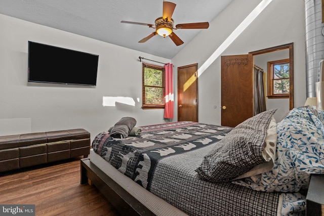 bedroom featuring ceiling fan, vaulted ceiling, and dark hardwood / wood-style flooring