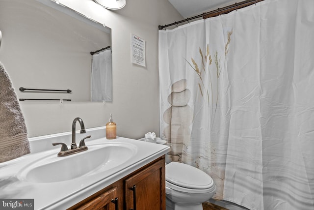 bathroom featuring vanity, toilet, and a shower with curtain