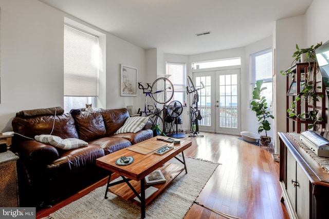 living room with light hardwood / wood-style floors, french doors, and a healthy amount of sunlight