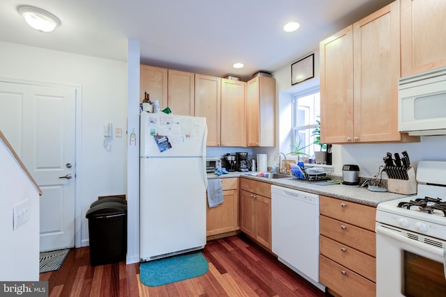 kitchen with sink, light brown cabinets, dark hardwood / wood-style floors, and white appliances