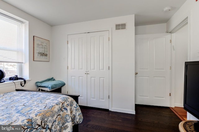 bedroom featuring multiple windows, a closet, and dark wood-type flooring