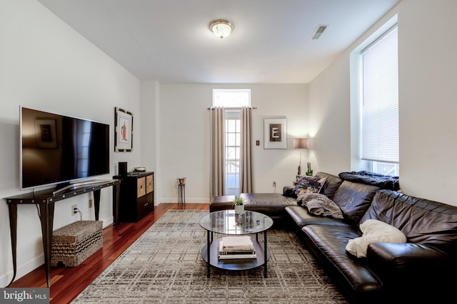 living room with dark hardwood / wood-style floors and a wealth of natural light