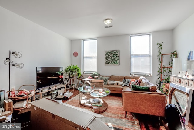 living room with plenty of natural light and hardwood / wood-style floors