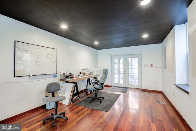 office featuring french doors and wood-type flooring