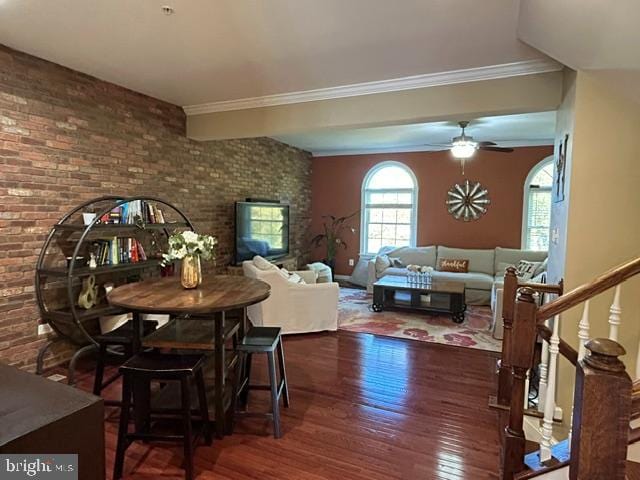 dining area featuring crown molding, ceiling fan, dark wood-type flooring, and brick wall