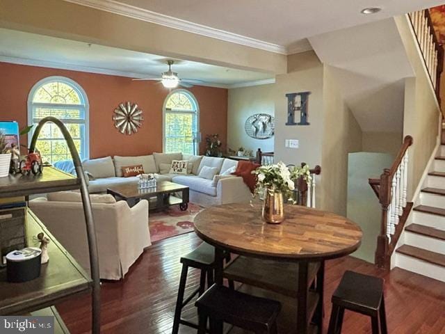 living room featuring dark hardwood / wood-style flooring, ceiling fan, plenty of natural light, and ornamental molding