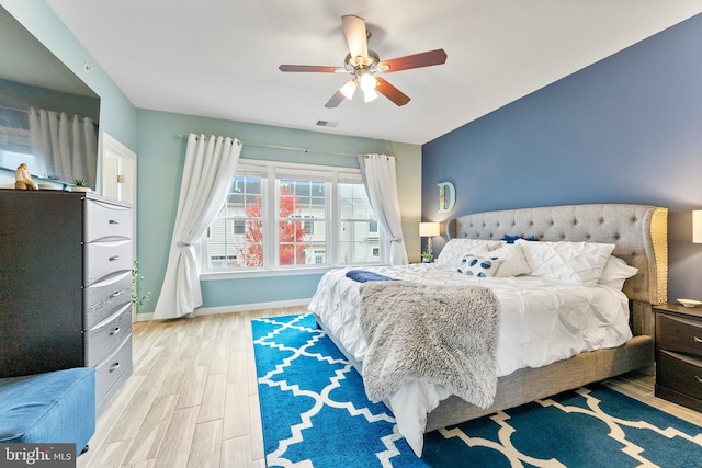 bedroom featuring ceiling fan and light wood-type flooring