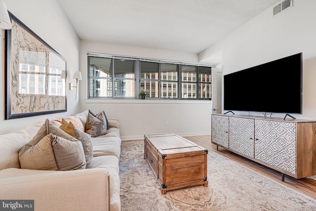 living room with light hardwood / wood-style floors and a textured ceiling