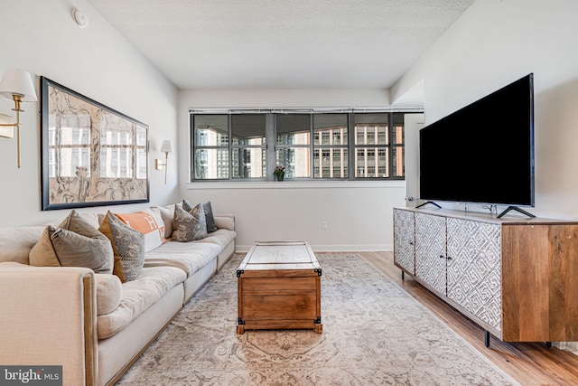 living room featuring a textured ceiling and light hardwood / wood-style flooring