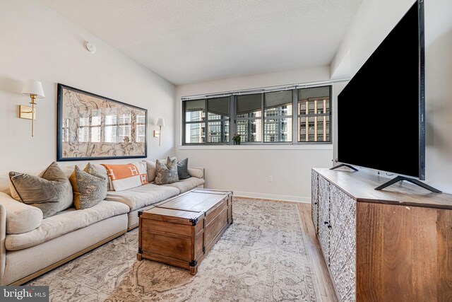 living room with light hardwood / wood-style flooring and a textured ceiling