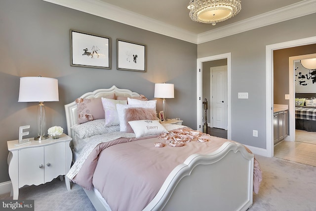 12412 Lusbys Ln, Brandywine, MD 20613 - bedroom with crown molding, ensuite bath, light carpet, and baseboards