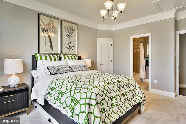 carpeted bedroom featuring a closet, ornamental molding, and a walk in closet