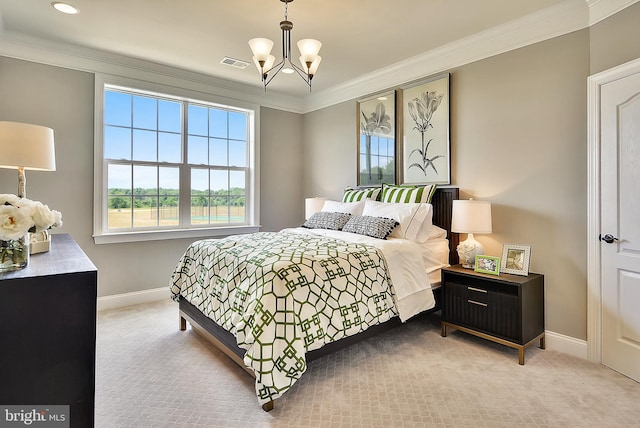 bedroom with light carpet, crown molding, and a chandelier