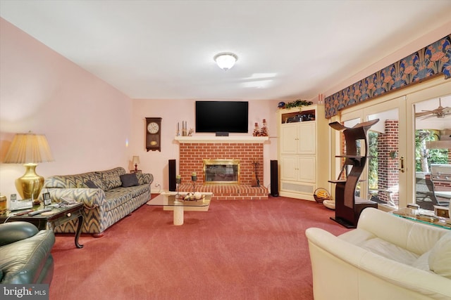 carpeted living room with a brick fireplace